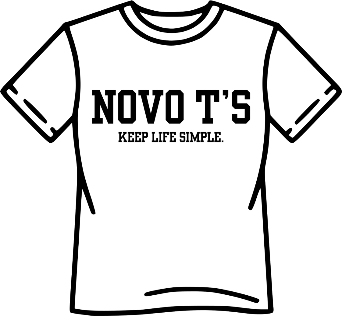 Illustration of a white T-shirt with the text "NOVO T'S KEEP LIFE SIMPLE." printed in bold black letters on the front.
