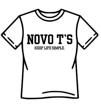 Line drawing of a T-shirt with the text "NOVO T'S" and "KEEP LIFE SIMPLE." printed on the front.